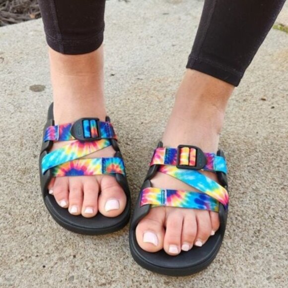 Chaco Chillos Slide Sandals Strappy Slip On Dark Tie Dye Black Size 7 NEW - Picture 1 of 7